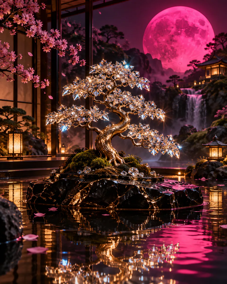 Bonsai tree with crystalline leaves under magenta moonlight