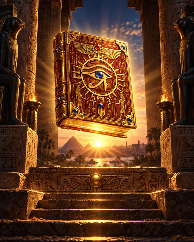 Red and gold temple book floating above sandstone steps at sunrise