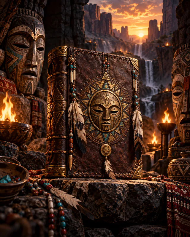 Leather-bound fantasy book with beads and carved masks by firelight