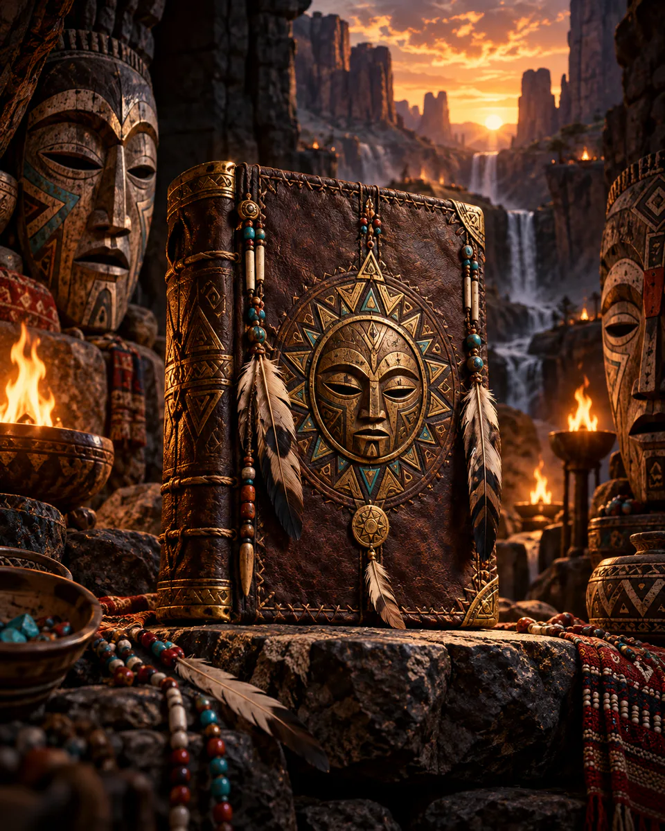 Leather-bound fantasy book with beads and carved masks by firelight