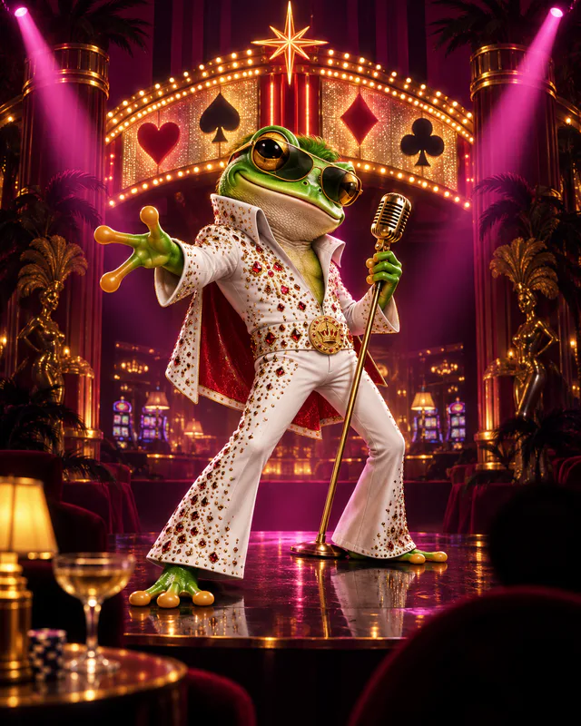 Green frog performer in a white rhinestone suit on a Vegas stage