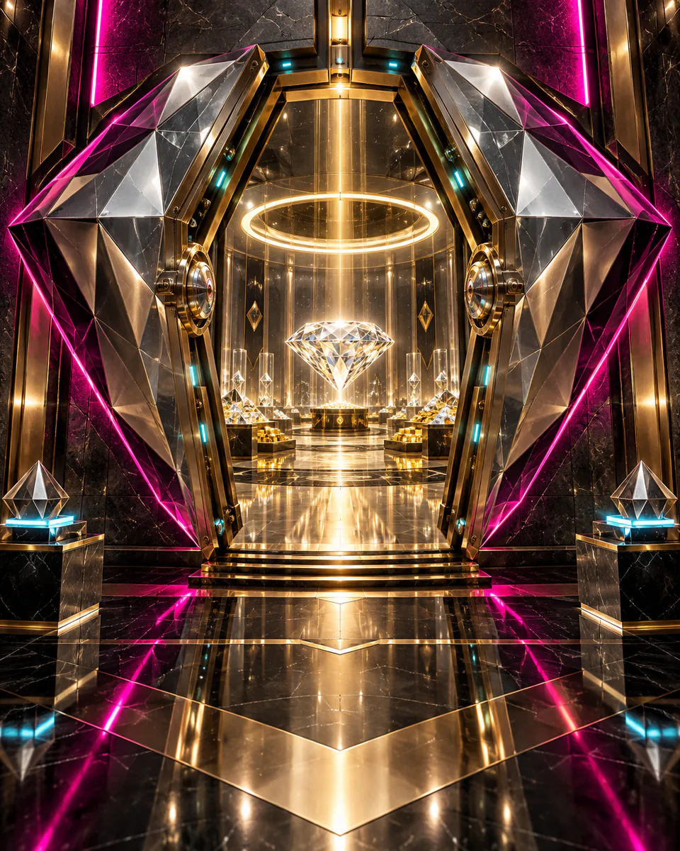 Geometric diamond vault opening onto a futuristic treasure chamber