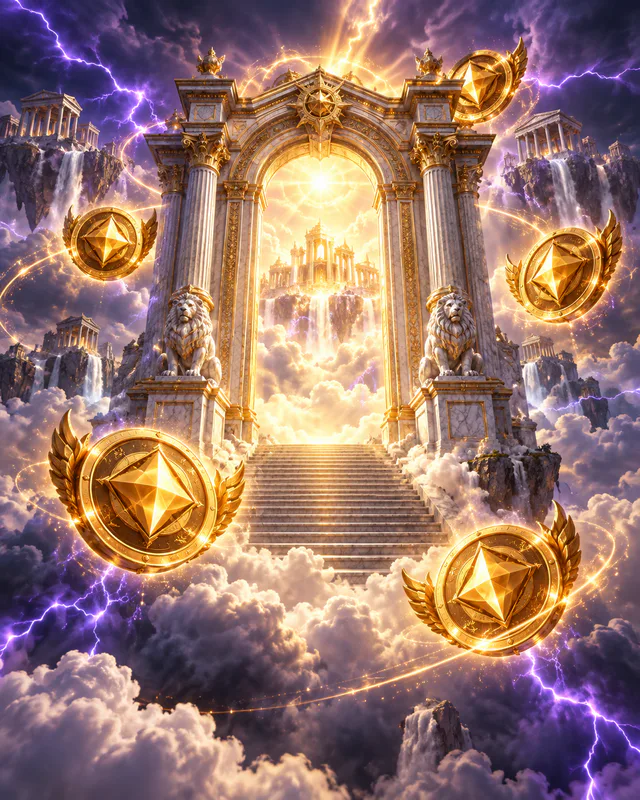 Marble gateway above storm clouds with golden scatter medallions