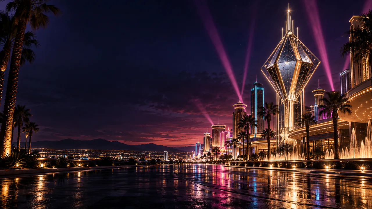 Original neon boulevard with a monumental diamond casino tower