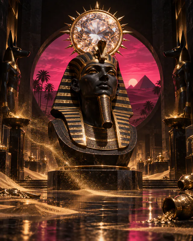 Black stone pharaoh bust crowned with a diamond sun disk