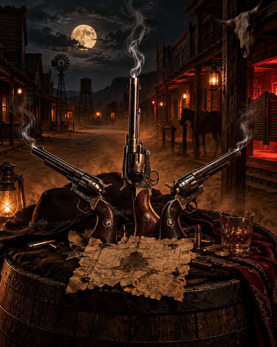 Three smoking revolvers on a deserted frontier street at night